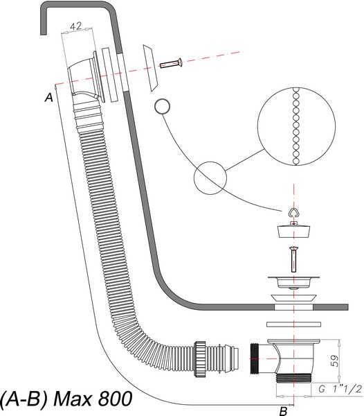 Pop up waste and overflow with plug 42 mm and chain SIMPLE series