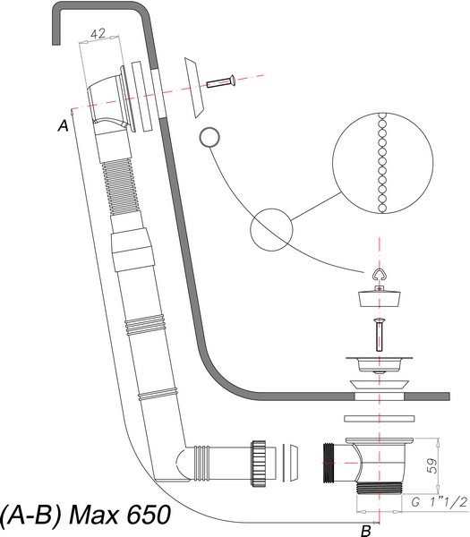 Pop up waste and overflow with plug 42 mm and chain LINE series