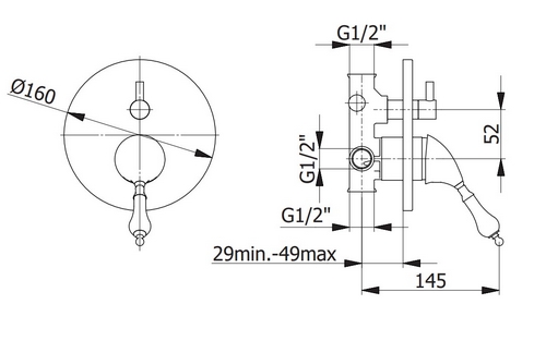 Brass built-in shower mixer with diverter WING series