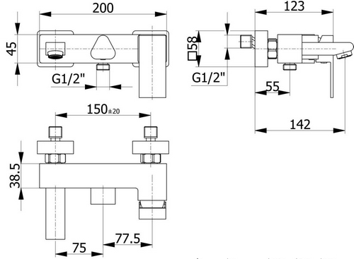 Brass wall mounted bath mixer with shower kit FLAT series