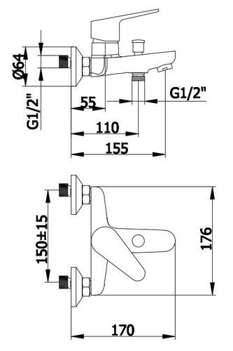 Brass wall mounted bath mixer with shower kit DORIA series