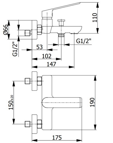 Brass wall mounted bath mixer with shower kit CORA series