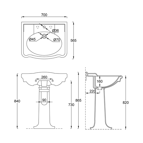 Lavabo ceramica monoforo serie BOHEME 70 cm