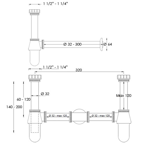 Brass double basin bottle trap TWIN series