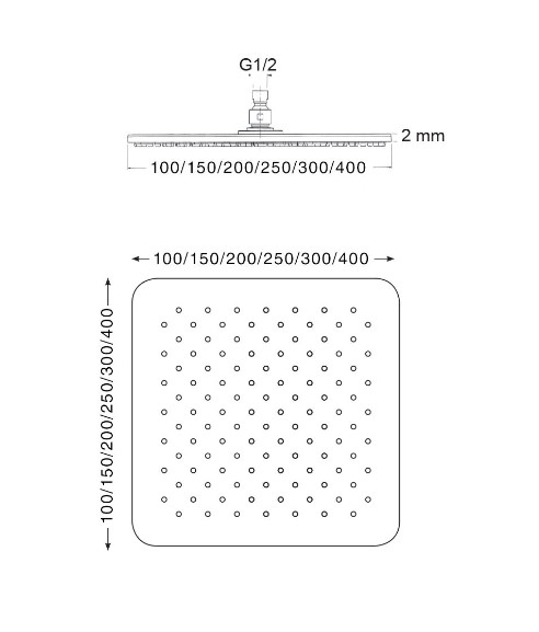 Stainless steel shower head 1 jet ATHENA series 400 X 400 X 6 MM
